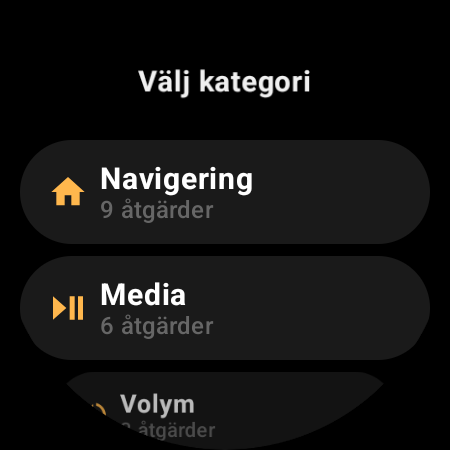 Åtgärdskategorier i TV-fjärrkontrollen för smartklocka: Navigering, Media, Volym