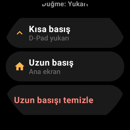 Akıllı saat TV kumandasında Kısa basış ve Uzun basış eylemlerini gösteren tuş atama ayarı