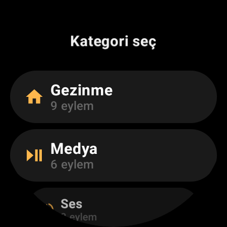 Akıllı saat TV kumandası eylem kategorileri: Gezinme, Medya, Ses