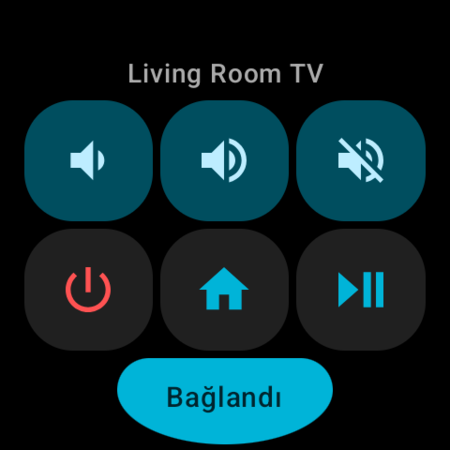 Bir Android TV için Wear OS Hızlı İşlemler kartı — Sesi kıs, Sesi aç, Sessiz, Güç, Ana ekran ve Oynat/Duraklat tuşları, Bağlandı durumu ve TV'nin adıyla