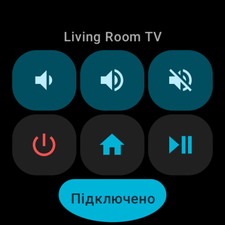 Плитка «Швидкі дії» у Wear OS для Android TV — кнопки «Тихіше», «Гучніше», «Без звуку», «Живлення», «Головна» та «Відтворення / Пауза» зі статусом «Підключено» й назвою TV