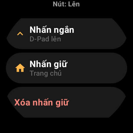 Cấu hình gán lại nút trên ứng dụng điều khiển TV cho đồng hồ thông minh, hiển thị thao tác Nhấn ngắn và Nhấn giữ